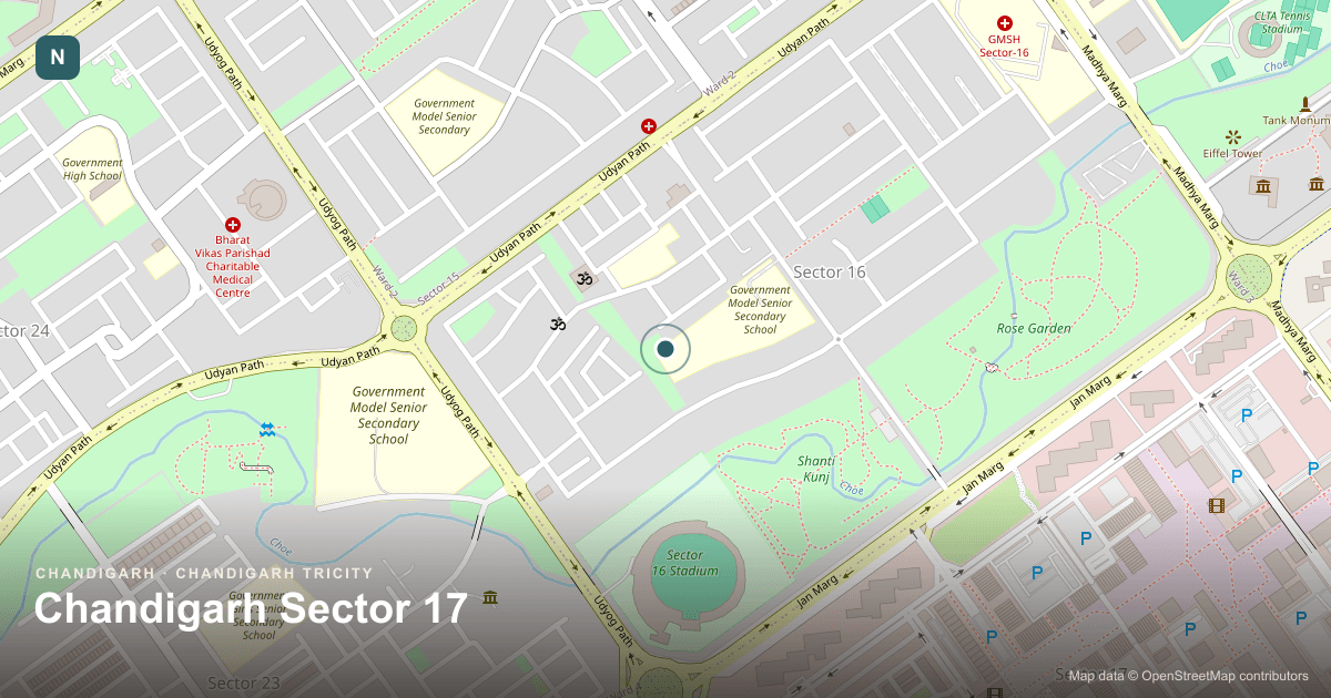 Chandigarh's central business and shopping sector — the connectivity benchmark for the Tricity, and one of Nexscore's highest-scoring localities.